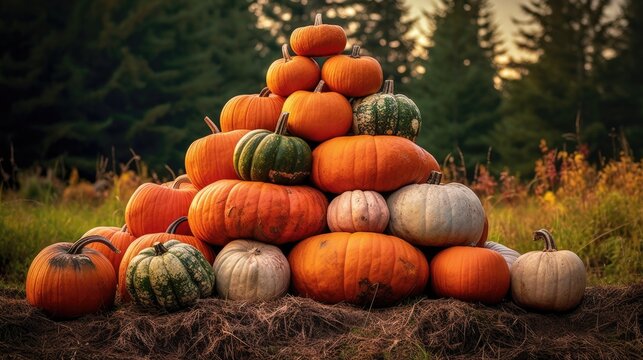 Photograph of a pumpkin patch with ripe orange pumpkins. Abstract background. Image of pumpkin. Generative AI. 