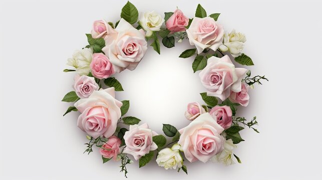 Photorealistic floral wreath made up of pink and white roses and greenery. Bridal background, gorgeous background with copy space. Generative AI. 