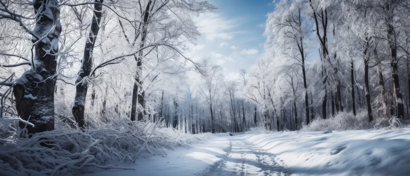 Photograph of a winter forest with a snow covered path. Charming winter illustration, background, wallpaper. Generative ai composite. 