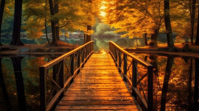 Gorgeous autumnal photorealistic background. Photograph of a wooden bridge over a tranquil lake. Stunning image. Generative AI. 