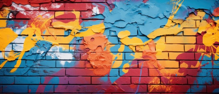 Striking image of colourful graffiti wall with brick texture. Abstraction, street painting. Banner, web, backgrounds. Generative AI. 