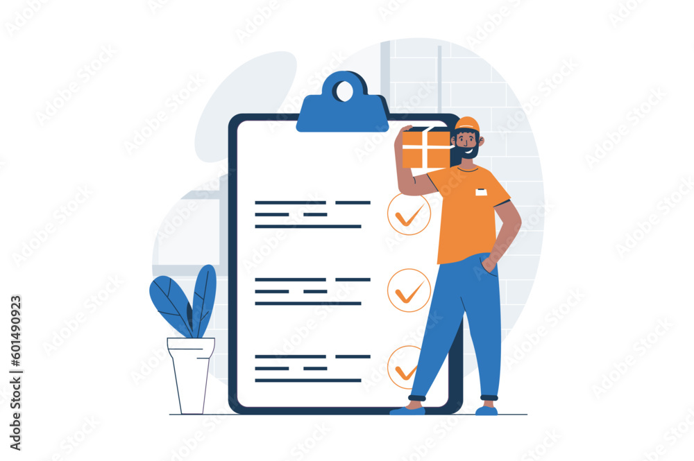 Poster Delivery service web concept with character scene. Man holding cardboard box and check information in list. People situation in flat design. Vector illustration for social media marketing material.