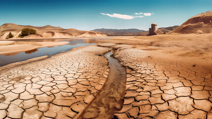 Drought concept. A dam empty of water and cracked. Generative AI.