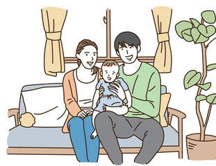 笑顔の父親と母親と子（赤ちゃん）