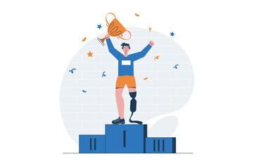 Disabilities people web concept with character scene. Man with prosthetic leg wins at Paralympic Games. People situation in flat design. Vector illustration for social media marketing material.
