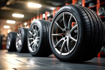 4 new tires that change tires in the auto repair service center, blurred background, the background is a new car in the stock, Generative AI Technology