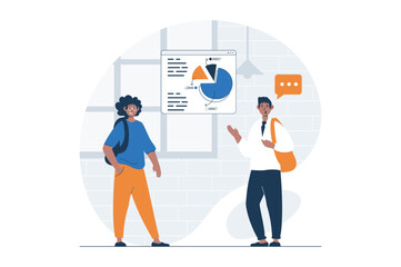 Education web concept with character scene. Teenage students discussing lesson and studying in classroom. People situation in flat design. Vector illustration for social media marketing material.
