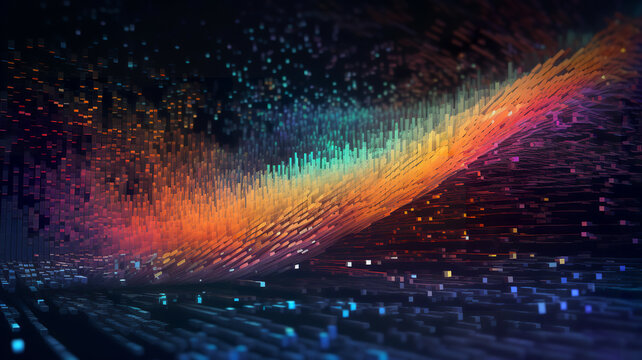 Terabytes of binary code data flying in a stream of information. Wavy field of coded blockchains. Neural network 3D illustration, bright colors