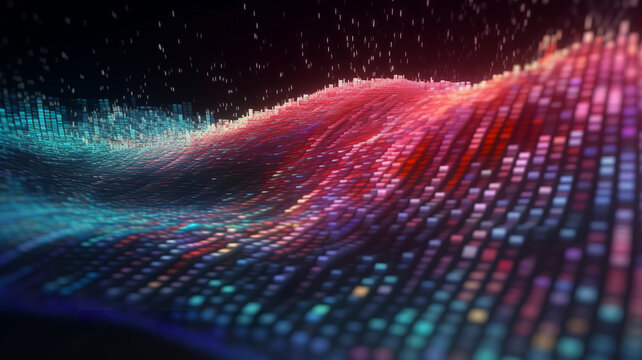 Terabytes of binary code data flying in a stream of information. Wavy field of coded blockchains. Neural network 3D illustration, bright colors