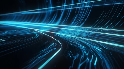 High-speed data flow. Strings of information, linear train. Springboard time loop. 3D illustration hi-tech business background, neon blue