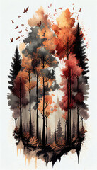 Autumn in the forest wall art, Generative AI watercolor red woods landscape
