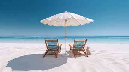 Beach chairs and an umbrella on a white sand beach. Generative AI - obrazy, fototapety, plakaty