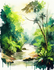 Jungle path with palm trees and river. Generative AI tropical greenery watercolor background