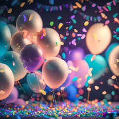 Bright colored balloons and confetti. Generative AI