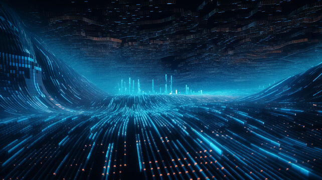 Terabytes of binary code data flying in a stream of information. Wavy field of coded blockchains. Neural network 3D illustration, bright colors
