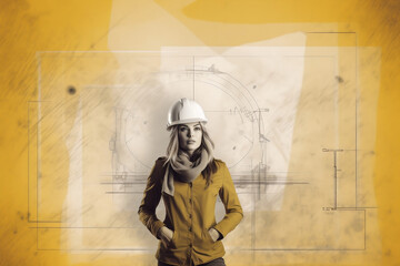 Illustration of an empowered female architect with a blueprint in the background created with generative AI - obrazy, fototapety, plakaty
