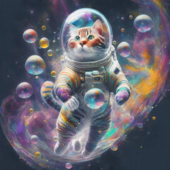 An image of an astronaut cat in a colorful galaxy of bubbles on another planet.