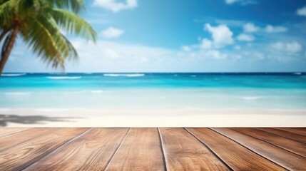 Fototapeta premium A tropical beach background with an empty wooden table makes a perfect summer holiday background for product display. (Generative AI)