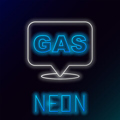 Glowing neon line Location and petrol or gas station icon isolated on black background. Car fuel symbol. Gasoline pump. Colorful outline concept. Vector
