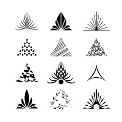 Fototapeta premium Set of triangle elements as sign or emblem for logo. Abstract figures, decorative swirls, branches with leaves