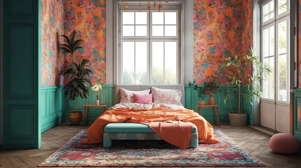 Bedroom interior in Bohemian style with patterned bed and floral corner. Generative Ai