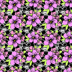 seamless pattern of pink silhouettes and white contours of flowers on a black background, texture, design