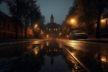 Obraz premium Reflective Urban Symphony: A Hyperrealistic Journey through Rain-Kissed Modernity