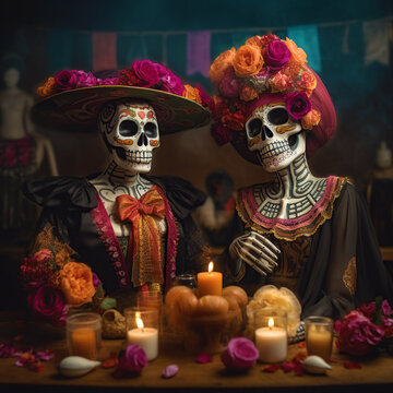 Mexican Day of the Dead altar featuring two ornate skulls and blossoms. Generative AI