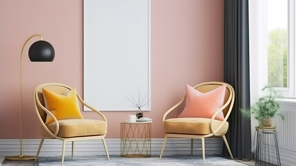 Modern interior design yellow armchair sofa in living room. Generative Ai