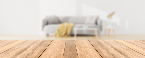 Blur modern living room with sofa and small table top vintage home style for house products montage advertising background mockup