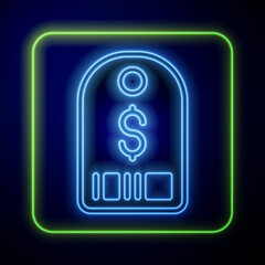 Glowing neon Price tag with dollar icon isolated on blue background. Badge for price. Sale with dollar symbol. Promo tag discount. Vector