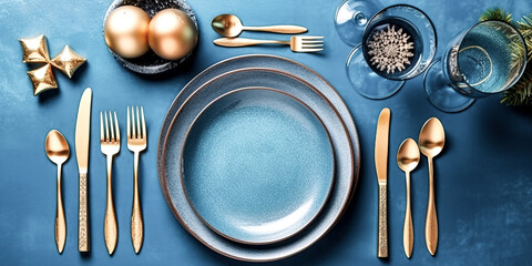 Place settings arranged on a blue background for Christmas were created - generative ai.