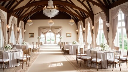 Beautifully Decorated Wedding Venue. Elegant Wedding Decor. Floral Arrangements. Exquisite Table Settings. Generative AI.