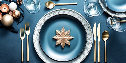 A Christmas table place setting on a blue background was created - generative ai.