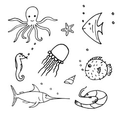 Vector illustration of Sea life. Set with doodle funny sea animals.