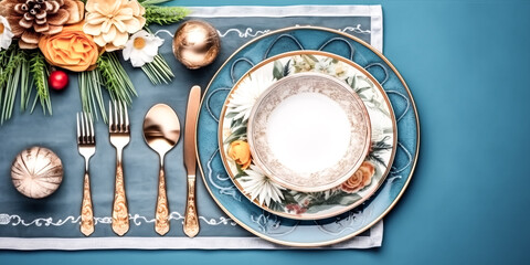 A Christmas table place setting on a blue background was created - generative ai.