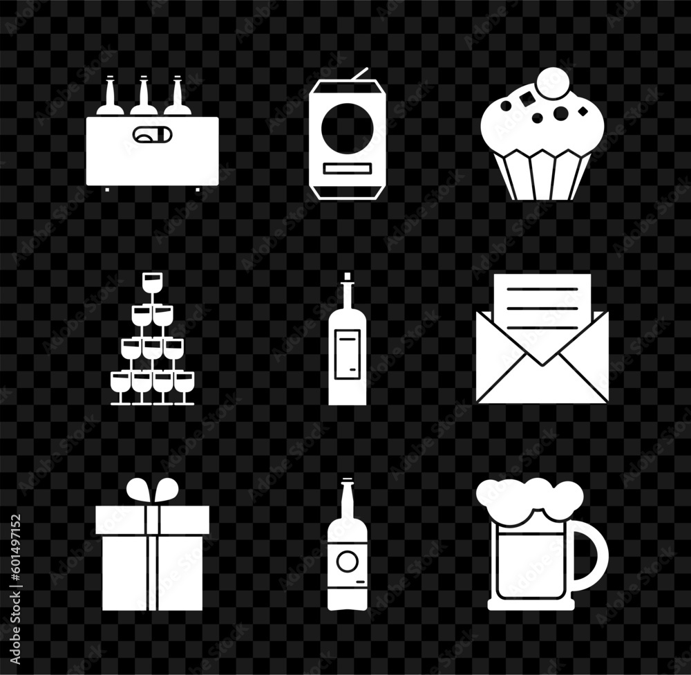 Sticker Set Bottles of wine in a wooden box, Beer can, Muffin, Gift, bottle, Wooden beer mug, Wine glasses stacked pyramid tower and icon. Vector