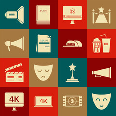 Set Comedy theatrical mask, Megaphone, Popcorn and soda drink glass, Online play video, Scenario, Movie spotlight and Cap with inscription director icon. Vector