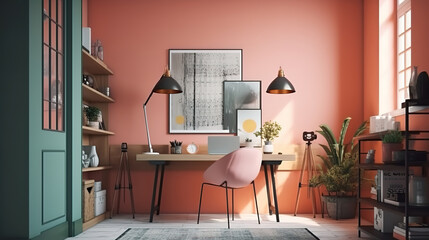 Comfortable working place, office decor. 3d render, Bright color. Generative Ai
