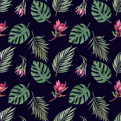 Naklejka na ściany i meble Watercolor seamless pattern with monstera and palm tropical leaves and protea flowers. Jungle design illustration for fabrics, covers, prints. hand drawn botanical illustration.