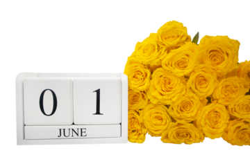 Wooden, white calendar June 1 and yellow roses, PNG format without background.The concept of a holiday, a plan, an important event,date, event, birthday, postcard, text, vacation,day,copy space,plan.