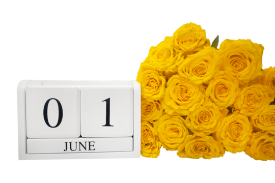 Wooden, white calendar June 1 and yellow roses, PNG format without background.The concept of a holiday, a plan, an important event,date, event, birthday, postcard, text, vacation,day,copy space,plan.
