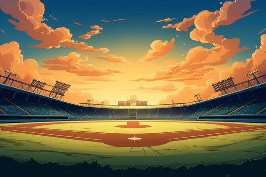 Baseball Field Sunset Clouds Generative AI