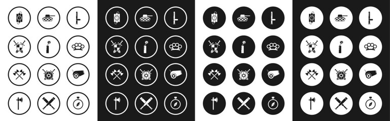 Set Police rubber baton, Dynamite bomb stick clock, Medieval shield with crossed swords, dynamite and timer, Brass knuckles, Military tank, Cannon and Crossed medieval axes icon. Vector