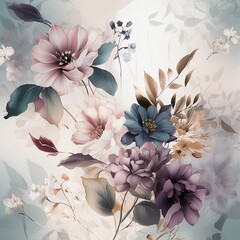 Seamless floral background with watercolor flowers. Generative AI. - obrazy, fototapety, plakaty