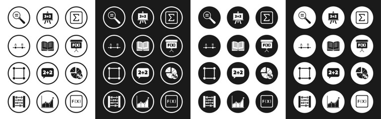 Set Sigma symbol, Open book, Graph, schedule, chart, diagram, Calculation, Chalkboard, and Geometric figure Square icon. Vector