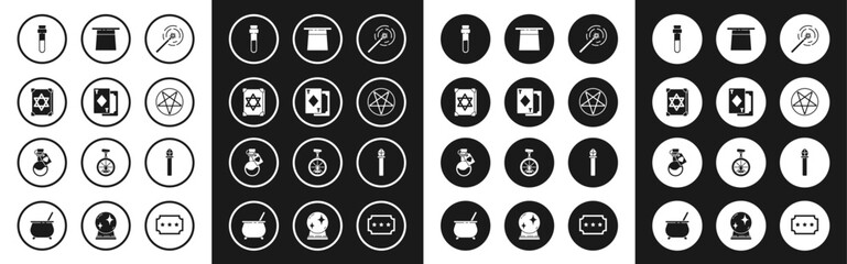 Set Magic wand, Playing cards, Ancient magic book, Bottle with love potion, Pentagram circle, Magician hat, staff and icon. Vector © Oksana