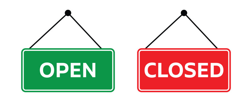 Shop or store open and closed hanging sign vector icon. 