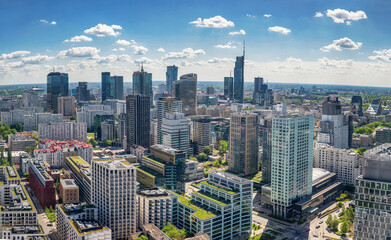 Panoramic. view of modern skyscrapers and business centers in Warsaw. View of the city center from above. Warsaw, Poland. - obrazy, fototapety, plakaty
