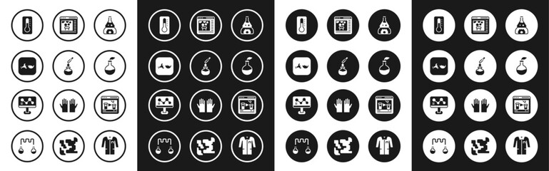 Set Test tube flask on fire, and, Broken, Medical thermometer, Plant breeding, Chemical online, and formula icon. Vector